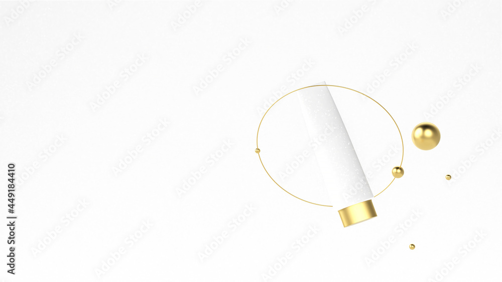White cosmetic tube with golden cap on the white background with gold geometric shapes. Beautiful cosmetic and makeup podium background. Blank mock up, blurred banner, 3d rendering illustration. White cosmetic tube with golden cap on the white background with gold geometric shapes. Beautiful cosmetic and makeup podium background. Blank mock up, blurred banner, 3d rendering illustration.