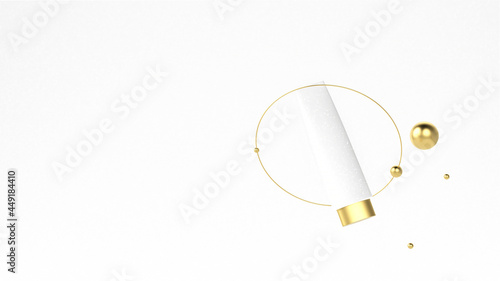 White cosmetic tube with golden cap on the white background with gold geometric shapes. Beautiful cosmetic and makeup podium background. Blank mock up, blurred banner, 3d rendering illustration.
