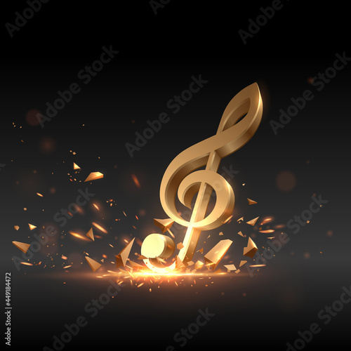 Golden treble clef with sparks effect on black background