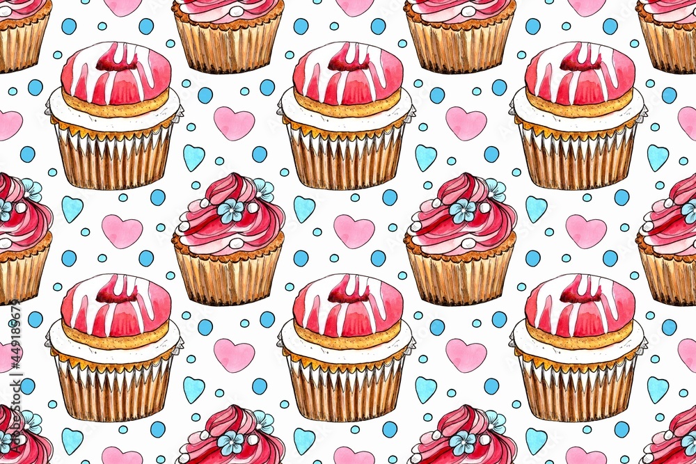 Seamless pattern, sweet cupcake. Watercolor hand painted illustration. Background for invitation, greeting card, template.