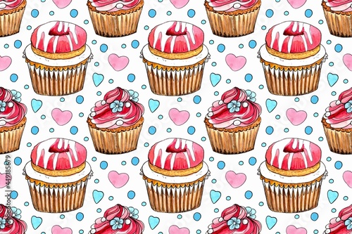 Seamless pattern  sweet cupcake. Watercolor hand painted illustration. Background for invitation  greeting card  template.