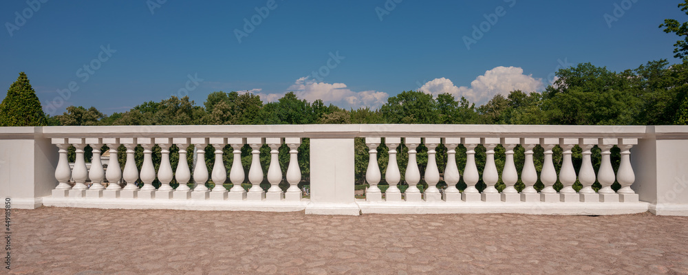 Luxury classical white stone balustrade fence on sidewalk of old castle area