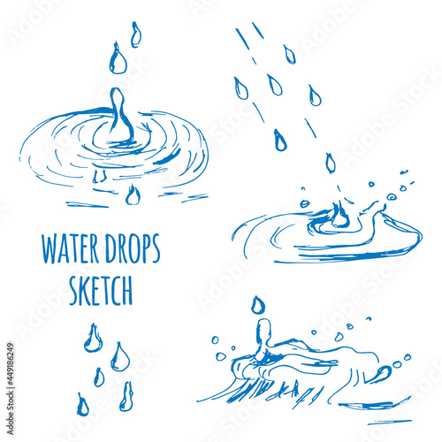 Vector hand drawn water splashes and drops  isolated on white. Sketched art