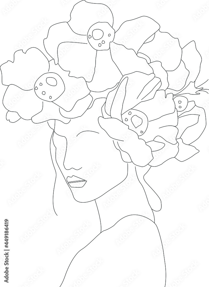 Flower girl on white background. One-line drawing style.