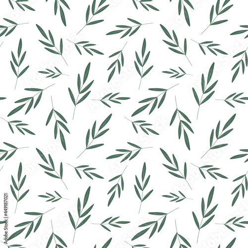 Green leaves on white background seamless pattern. Hand drawn leaf branch repeat print. Digital foliage background for textile, fabric, wallpaper, wrapping paper, design and decoration.