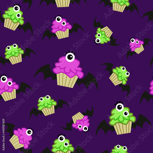 Seamless pattern with cupcake  and green eye on the top on purple background. illustration in cartoon style. Halloween party celebrating  autum.Cute seamless backgrounds for textile  fabric  wrapping 