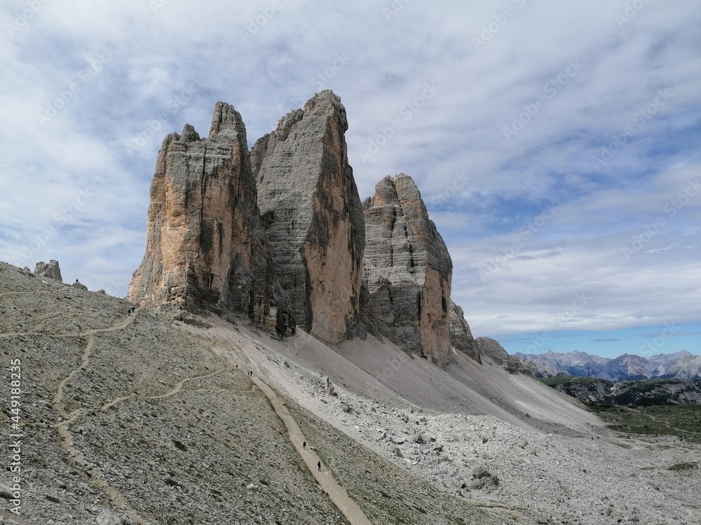Trekking in Tre Cime in the Dolomites Mountains in Northern Italy Trekking in Tre Cime in the Dolomites Mountains in Northern Italy