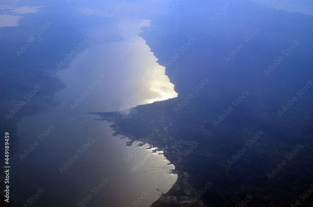 Bosphorus and  Istanbul at morning from airliner view. Flight Dalaman - Kiev