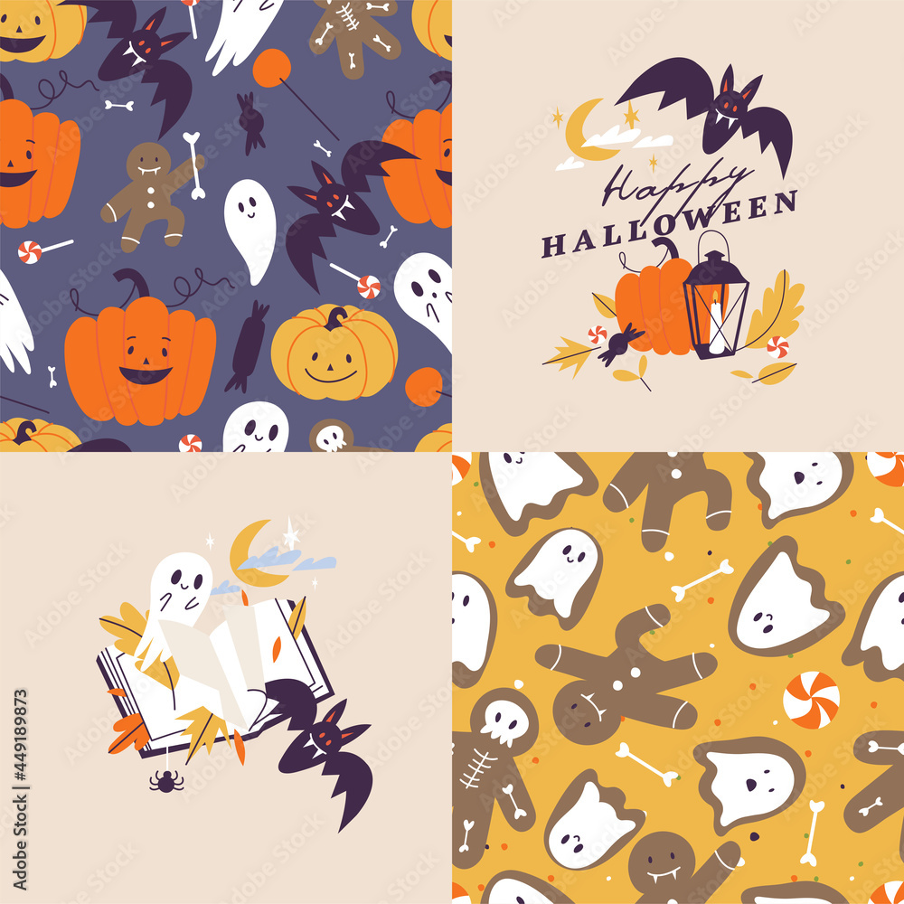 Obraz premium Vector illustartion set of linear icons for Happy Halloween. Trick or treat symbol. Background or seamless pattern.
