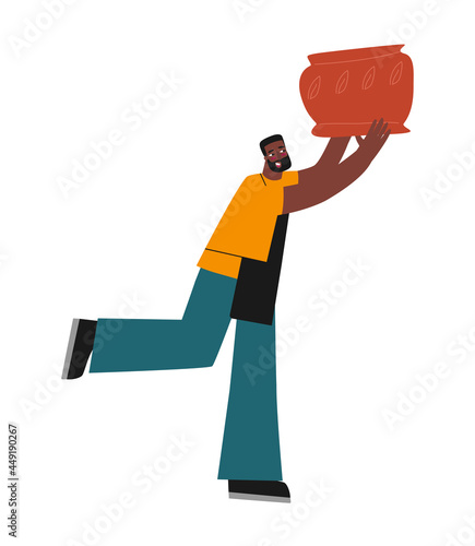 Vector isolated flat illustration with African American man. Adult student holds handmade ceramic pot which he learned to create in pottery class. Creative hobby and artistic approach of happy master