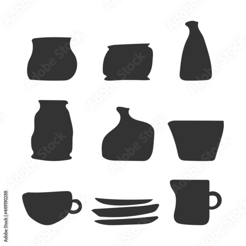 Vector set with isolated dark grey icons of handmade ceramic dishes. Collection of hand drawn craft earthenware made in pottery wheel. Illustration includes vases, cup for tea, plates, jar, pot