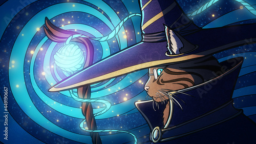 Dekoracja na wymiar  cute-cat-magician-in-a-huge-pointed-wizard-hat-with-ears-sticking-out-of-it-looks-slyly-through-his-round-glasses-he-is-wearing-mania-in-his-hand-is-a-wooden-staff-with-a-magic-ball-at-the-top-2d