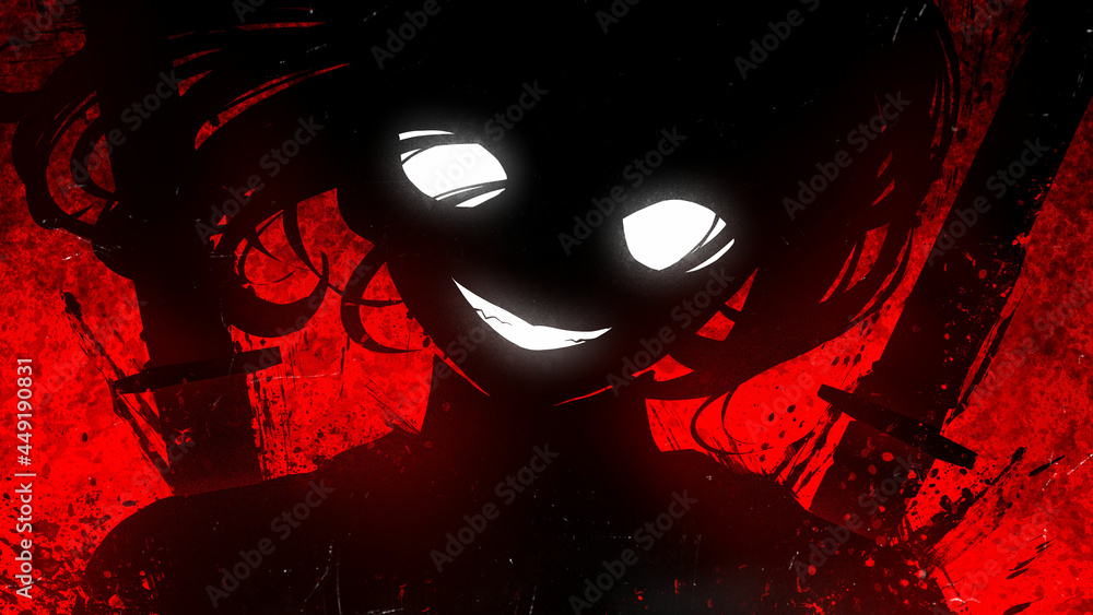 Obraz premium A sinister girl in the anime style smiles maliciously with fanged white teeth, her huge eyes glow in the dark, she has two katanas behind her back, on a blood-red background with many spots and blots