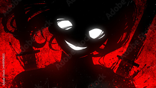 A sinister girl in the anime style smiles maliciously with fanged white teeth, her huge eyes glow in the dark, she has two katanas behind her back, on a blood-red background with many spots and blots