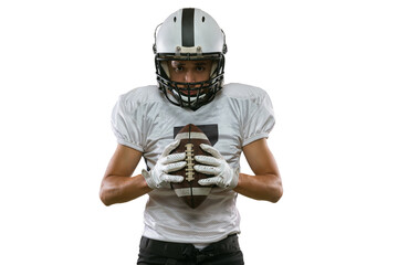 Close-up portrait of American football player in sports equipment, helmet and gloves isolated on white studio background. Concept of sport, competition