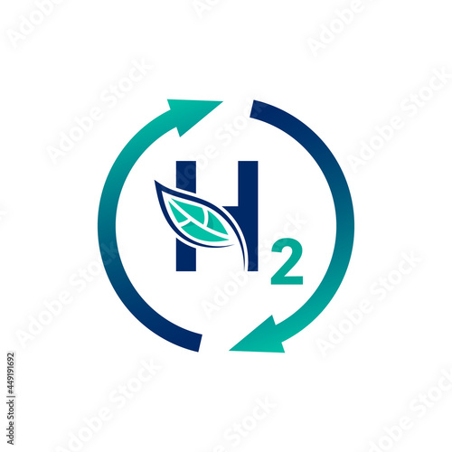 Renewable Eco Energy Clean Hydrogen H2 Icon Logo Concept. Production of Green Hydrogen Energy Powered by Renewable Electricity. Hydrogen H2 Vector Illustration Design.