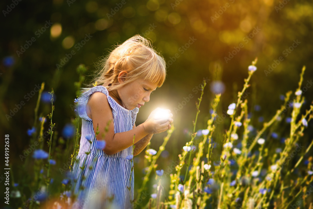 A girl on a walk in the forest is surprised at the magic in her hands, a glowing ball in the palms of a child, light in hand A girl on a walk in the forest is surprised at the magic in her hands, a glowing ball in the palms of a child, light in hand