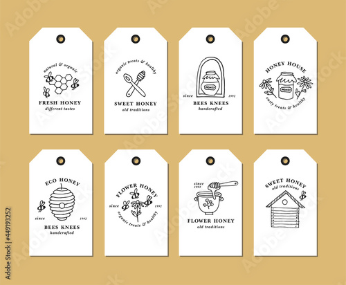 Vector set illustartion logos and design templates or badges. Organic and eco honey labels and tags with bees. Linear style.