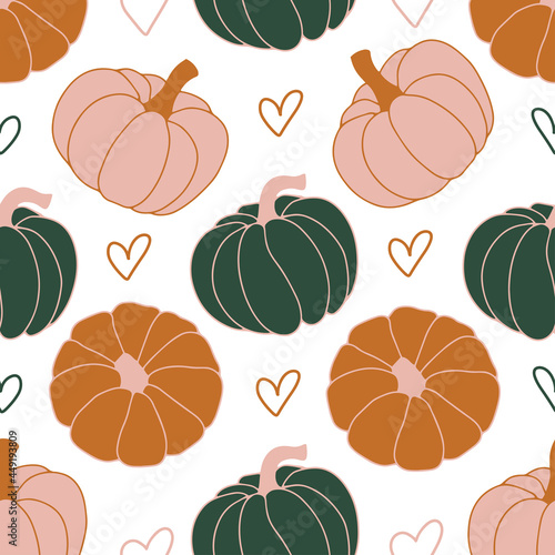 Beautiful pumpkin halloween thanksgiving seamless pattern, cute cartoon pumpkins hand drawn background, great for seasonal textile prints, holiday banners, backdrops or wallpapers, vector surface