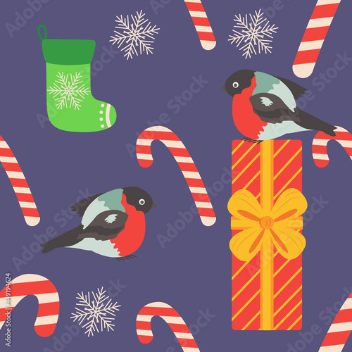Christmas seamless pattern with candy cane, gift, stocking, bullfinch bird. Christmas wrapping paper.