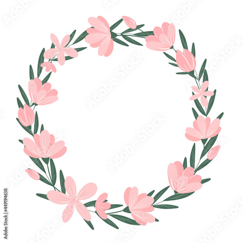 Pink flowers round wreath isolated on white background. Cute botanical frame. Flowers and leaves wreath design element for wedding, party, invitation, card, copy space.