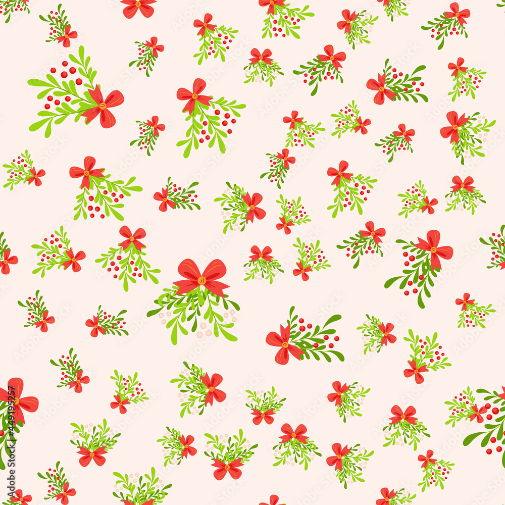 Seamless pattern with hand drawn poinsettia flowers and floral branches and berries, mistletoe, christmas florals.