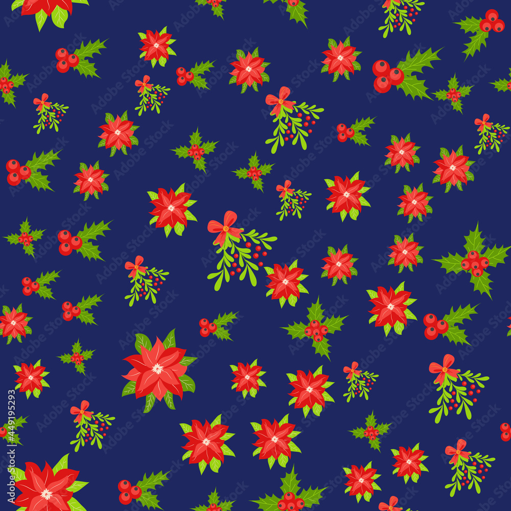 Seamless pattern with hand drawn poinsettia flowers and floral branches and berries, mistletoe, christmas florals Seamless pattern with hand drawn poinsettia flowers and floral branches and berries, mistletoe, christmas florals