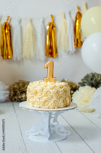 First birthday cake in festive decorations