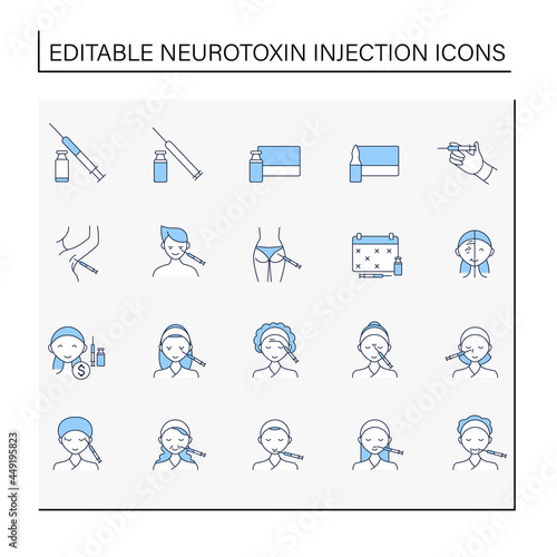 Cosmetic injection line icons set.Beauty correction. Rejuvenation. Vaccination. Cosmetic procedure concept. Isolated vector illustrations.Editable stroke