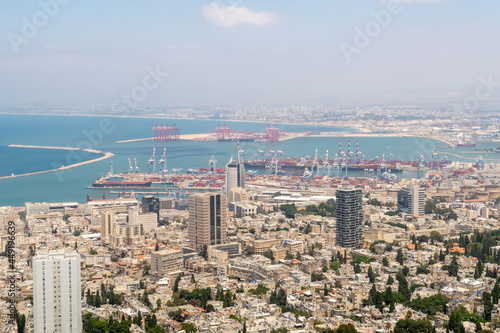 View from Mount Carmel in Haifa to the lower city of Haifa, the port and the Mediterranean Sea, in the city of Haifa, in northern Israel