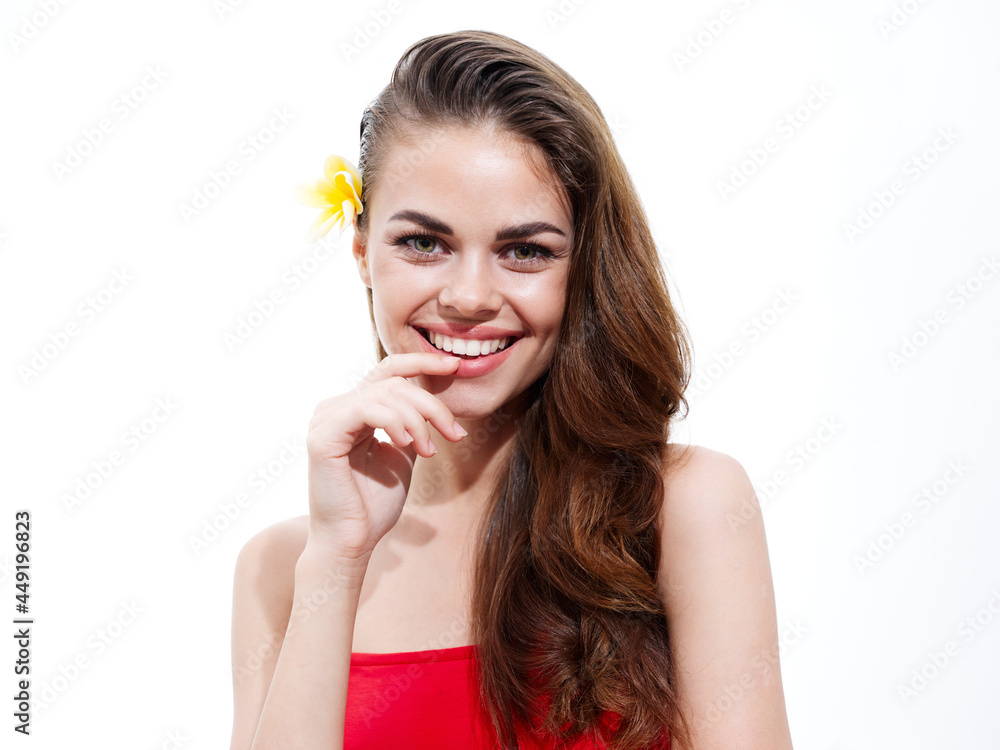 pretty brunette woman with flower in hair smile model cropped view pretty brunette woman with flower in hair smile model cropped view