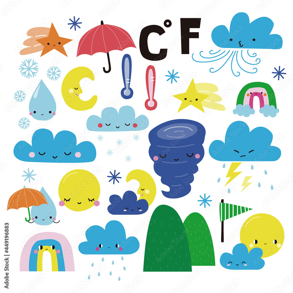 Set of carton weather graphic. Childish cute clip art. Vecto hand drawn illustration. Set of carton weather graphic. Childish cute clip art. Vecto hand drawn illustration.