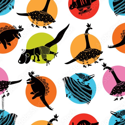 Beautiful happy seamless pattern  with dinosaurs. Endless pattern can be used for ceramic tile, wallpaper, linoleum, textile, web page background