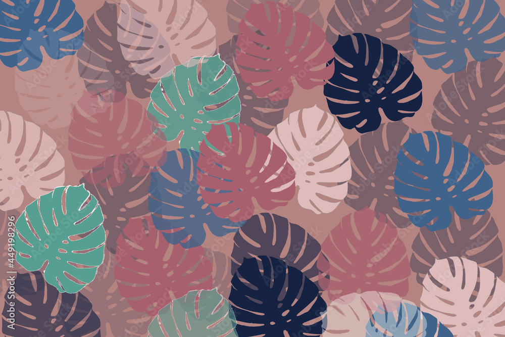 Texture with many tropical leaves of different colors illustration Texture with many tropical leaves of different colors illustration