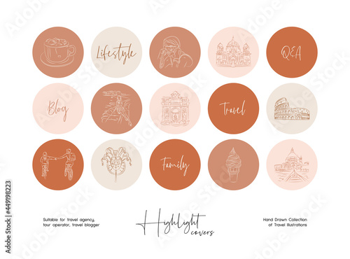 Set of hand drawn line art travel vector illustrations. Vector set design templates icons and emblems for social media story highlight.