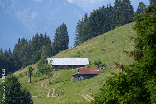 Alp cabins at mountain Brienzer Rothorn on a sunny summer morning. Photo taken July 21st, 2021, Flühli, Switzerland.
