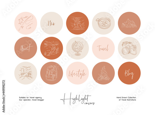 Set of hand drawn line art travel vector illustrations. Vector set design templates icons and emblems for social media story highlight.