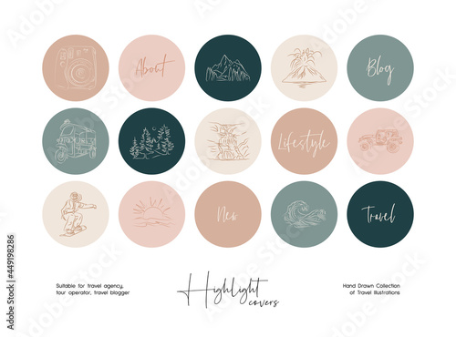 Set of hand drawn line art travel vector illustrations. Vector set design templates icons and emblems for social media story highlight.