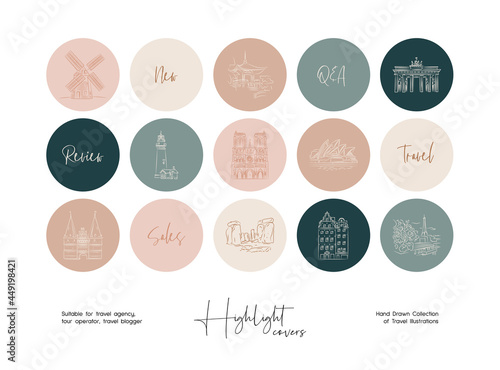 Set of hand drawn line art travel vector illustrations. Vector set design templates icons and emblems for social media story highlight.