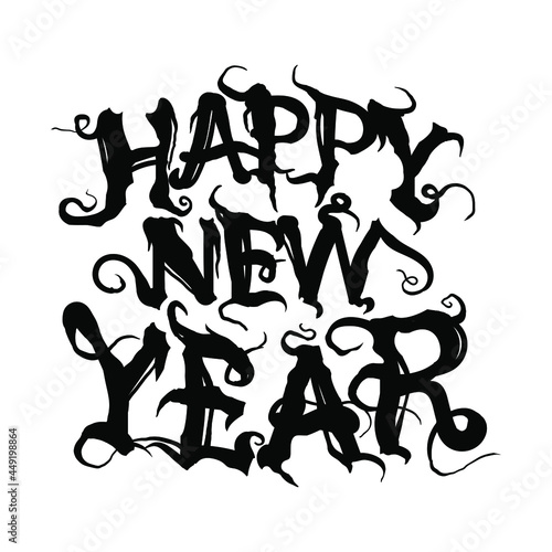 Happy new year in gothic style. Black Hand-drawn lettering logo vector illustration isolated on white background. EPS 10.