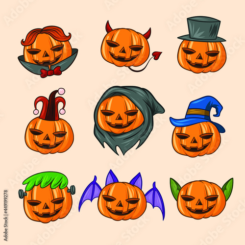 cartoon style halloween pumpkin with different accessories