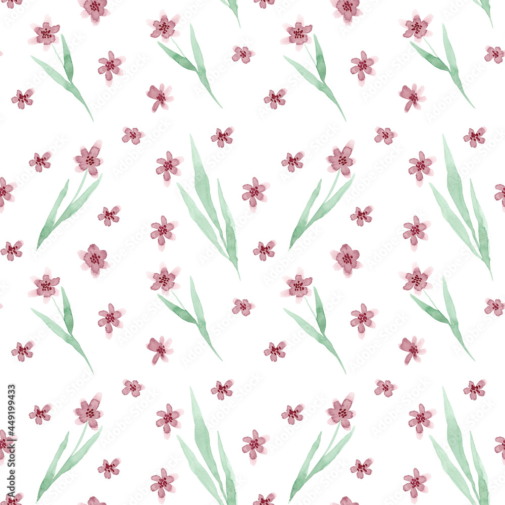 Watercolor seamless pattern of wildflowers on a white background. Ideal for dough designs and gift wrapping