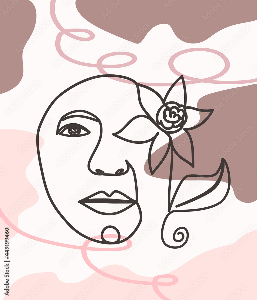 Woman face with flowers one line drawing. Half of the face is a flower. Continuous line drawing art. Nature cosmetics. Woman face with flowers one line drawing. Half of the face is a flower. Continuous line drawing art. Nature cosmetics.