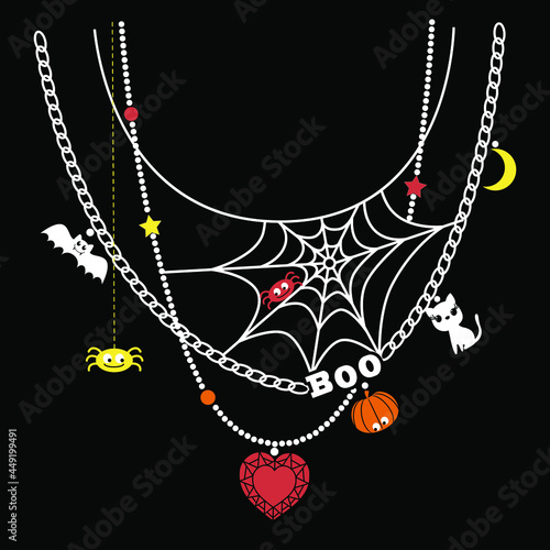 Beads with cartoon bad, pumpkin, spiders, cobwebs and cat. Halloween print for kids clothes. Vector illustration.