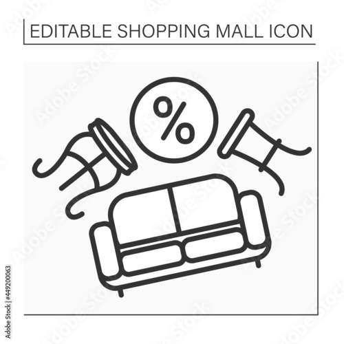 Furniture store line icon. Modern furniture for houses on discount. Sofa and chairs. Home decoration. Comfortable goods. Shopping mall concept. Isolated vector illustration. Editable stroke