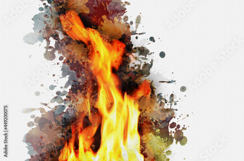 Digital watercolor painting of fire flames. Yellow-red tongues o