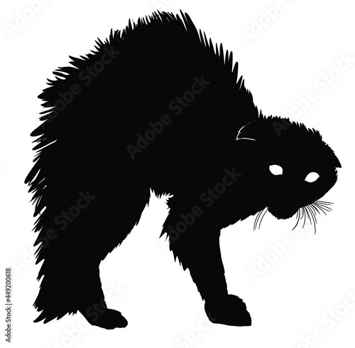 A terrified silhouette of a cat reared up in a semicircle, bristling every hair on its back and tail, its eyes shining brightly with white light in the dark. 2d art on a white background