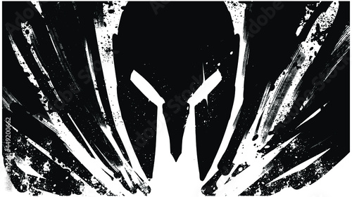 The furious warrior in the Spartan helmet has reached its limit of rage, his eyes sparkle with hatred and rage, he is white-hot, there are many blots and textures around him. 2d expressive art 