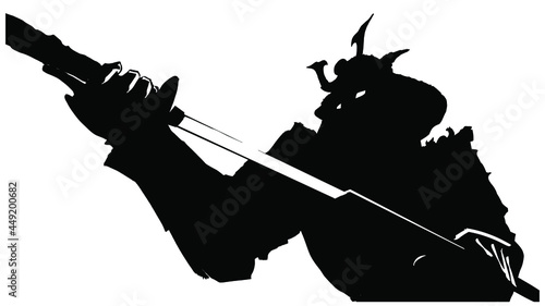 A sinister demonic samurai in a helmet slowly pulls his shiny katana out of its scabbard, in an epic dynamic angle from below, his eyes glow ominously in the dark. 2d illustration on a white backgroun