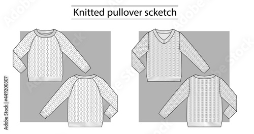 Knitted cardigan v-neck and round-neck with braids. Technical scketch.